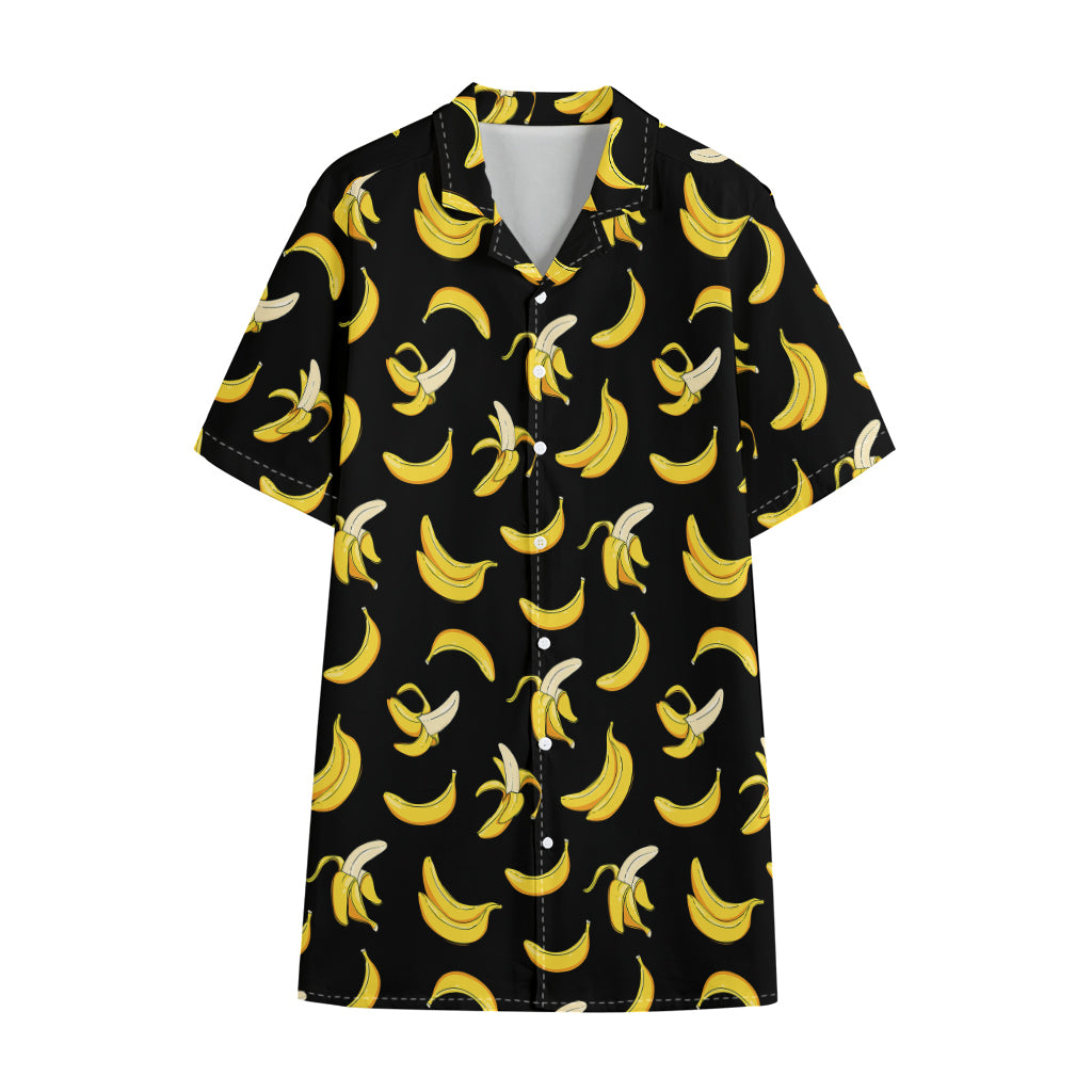 Black Cartoon Banana Pattern Print Cotton Hawaiian Shirt