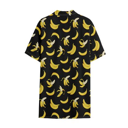 Black Cartoon Banana Pattern Print Cotton Hawaiian Shirt