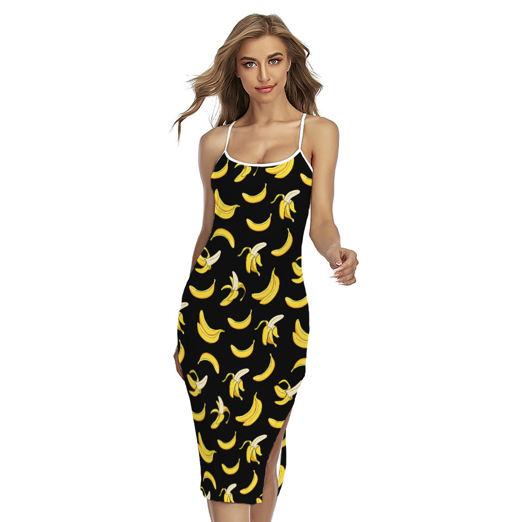 Black Cartoon Banana Pattern Print Cross Back Cami Dress
