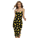 Black Cartoon Banana Pattern Print Cross Back Cami Dress
