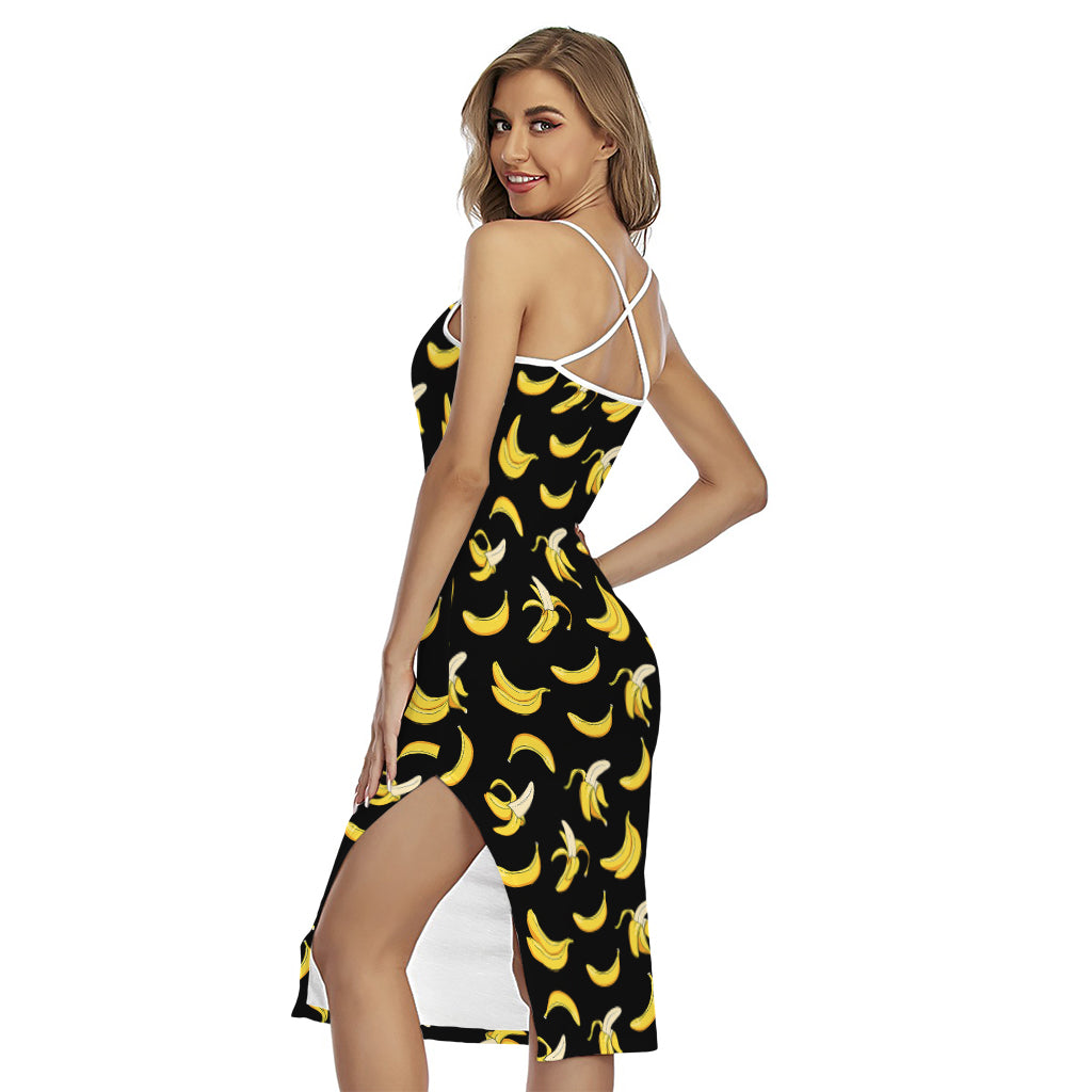 Black Cartoon Banana Pattern Print Cross Back Cami Dress