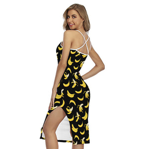 Black Cartoon Banana Pattern Print Cross Back Cami Dress