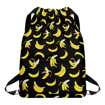 Black Cartoon Banana Pattern Print Drawstring Backpack
