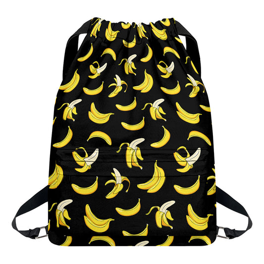 Black Cartoon Banana Pattern Print Drawstring Backpack