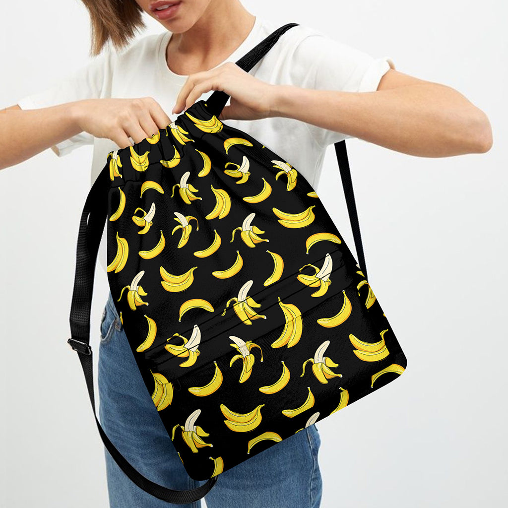 Black Cartoon Banana Pattern Print Drawstring Backpack