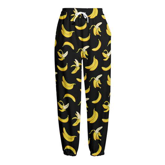Black Cartoon Banana Pattern Print Fleece Lined Knit Pants