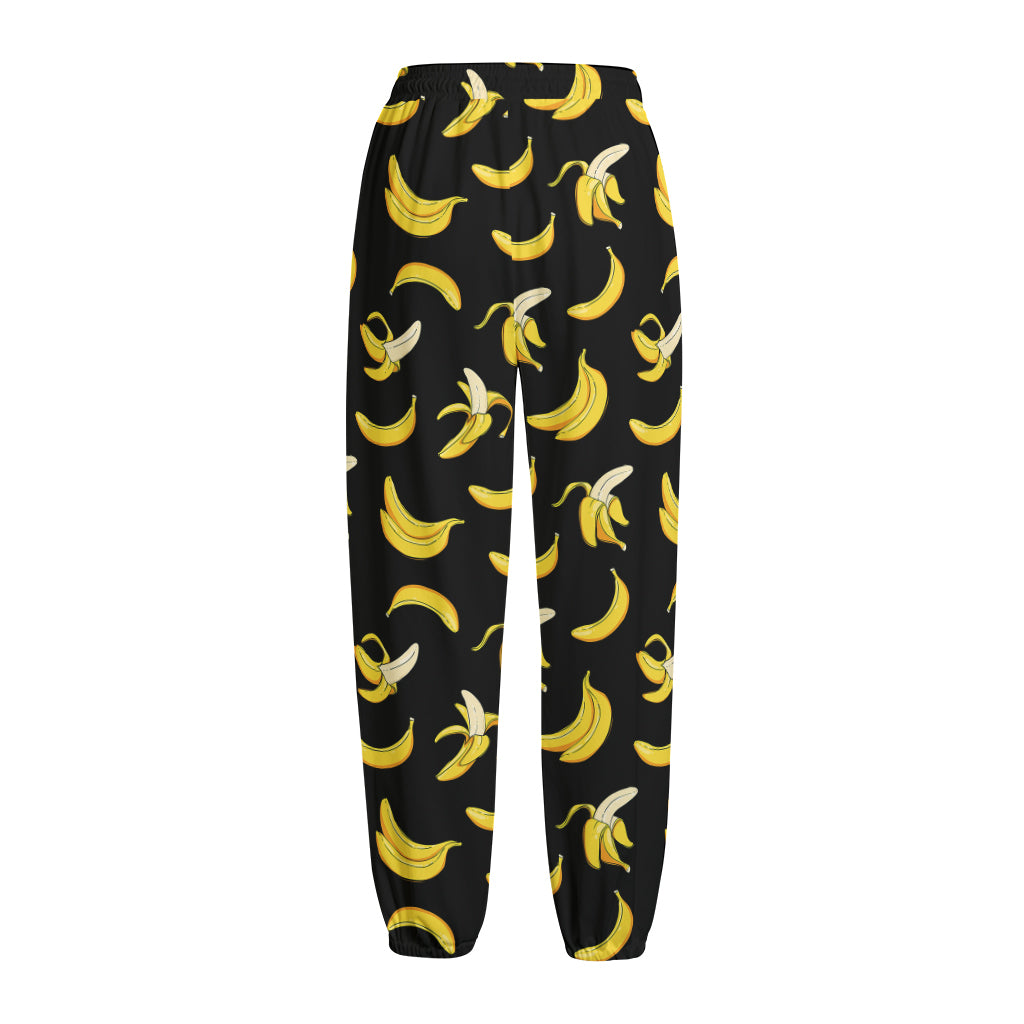 Black Cartoon Banana Pattern Print Fleece Lined Knit Pants
