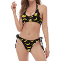 Black Cartoon Banana Pattern Print Halter Scoop Tie Side Bikini