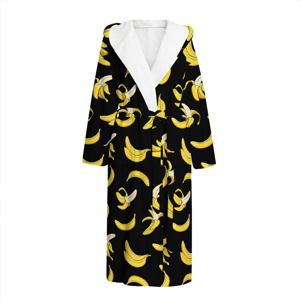 Black Cartoon Banana Pattern Print Hooded Bathrobe