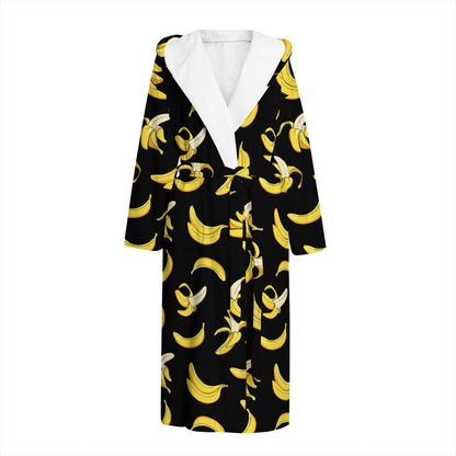 Black Cartoon Banana Pattern Print Hooded Bathrobe