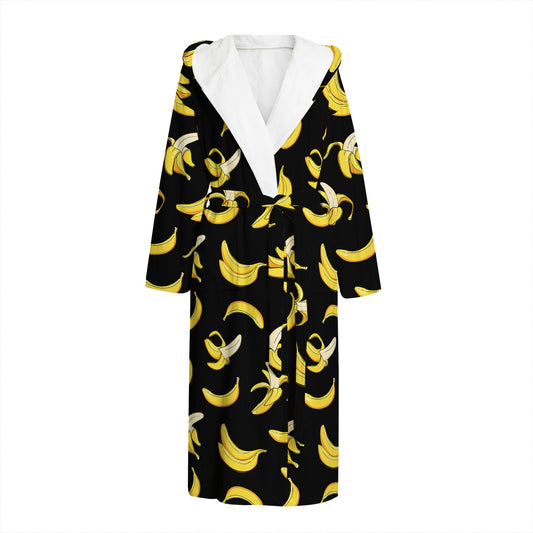 Black Cartoon Banana Pattern Print Hooded Bathrobe