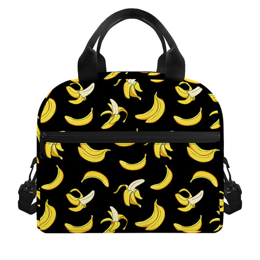 Black Cartoon Banana Pattern Print Insulated Lunch Bag