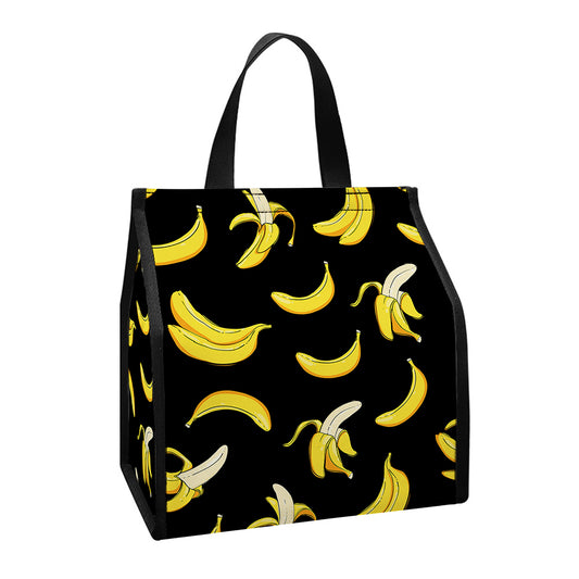 Black Cartoon Banana Pattern Print Insulated Lunch Tote