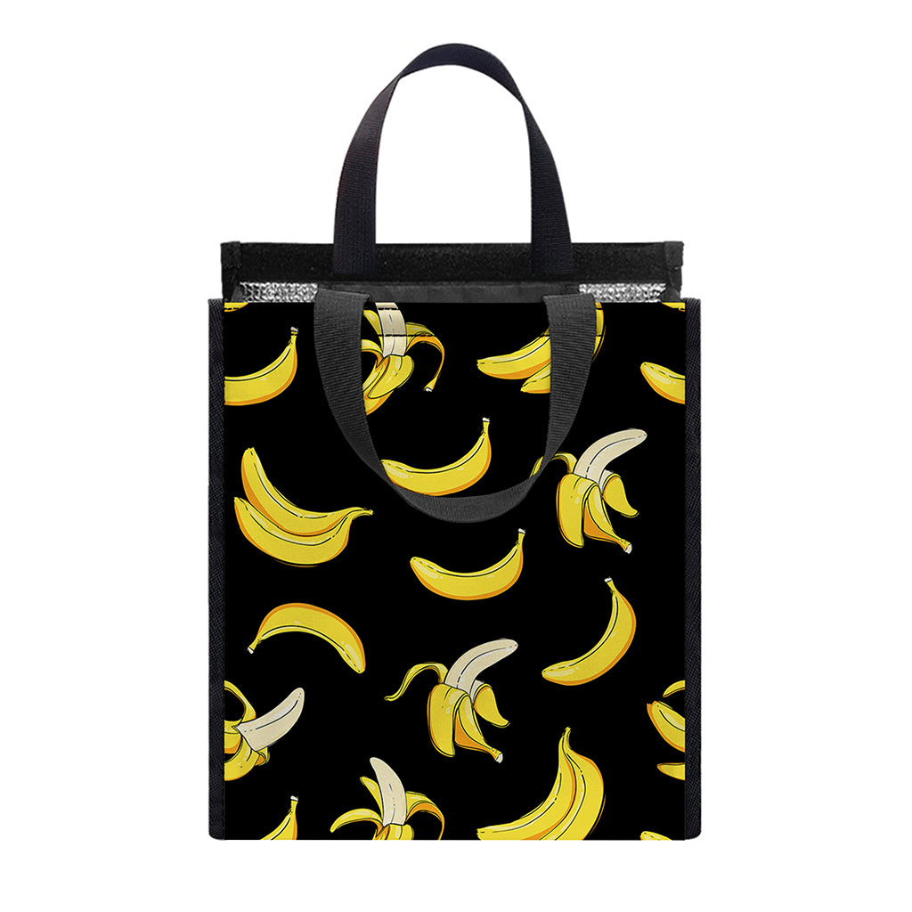 Black Cartoon Banana Pattern Print Insulated Lunch Tote