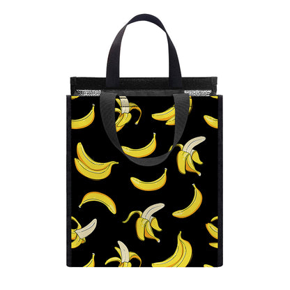 Black Cartoon Banana Pattern Print Insulated Lunch Tote