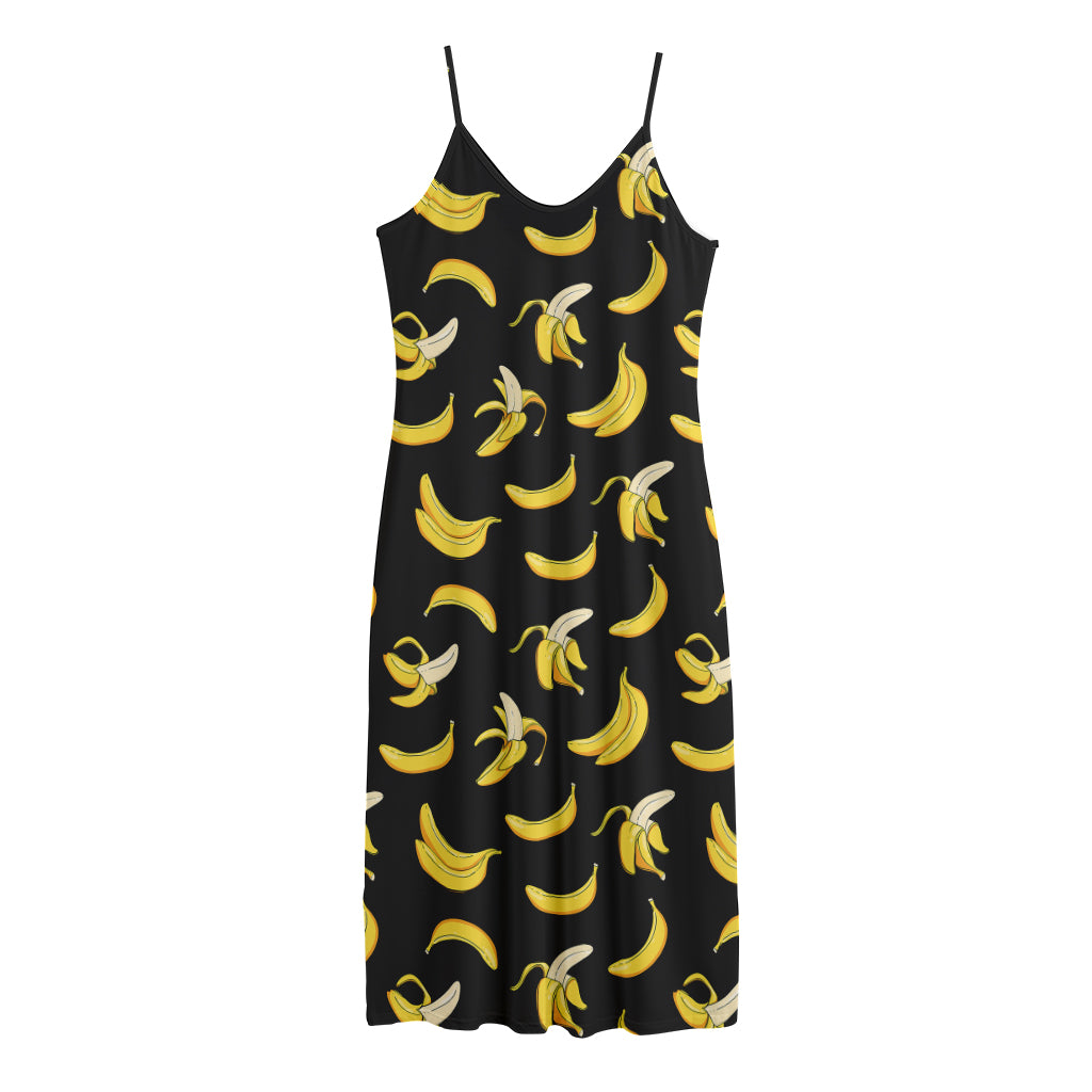 Black Cartoon Banana Pattern Print Jersey Midi Cami Dress