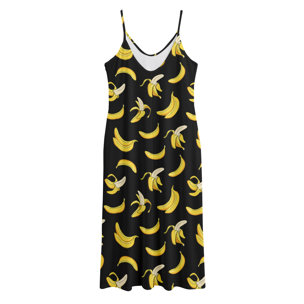 Black Cartoon Banana Pattern Print Jersey Midi Cami Dress