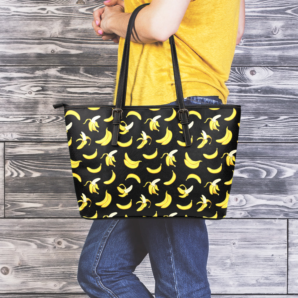 Black Cartoon Banana Pattern Print Leather Tote Bag
