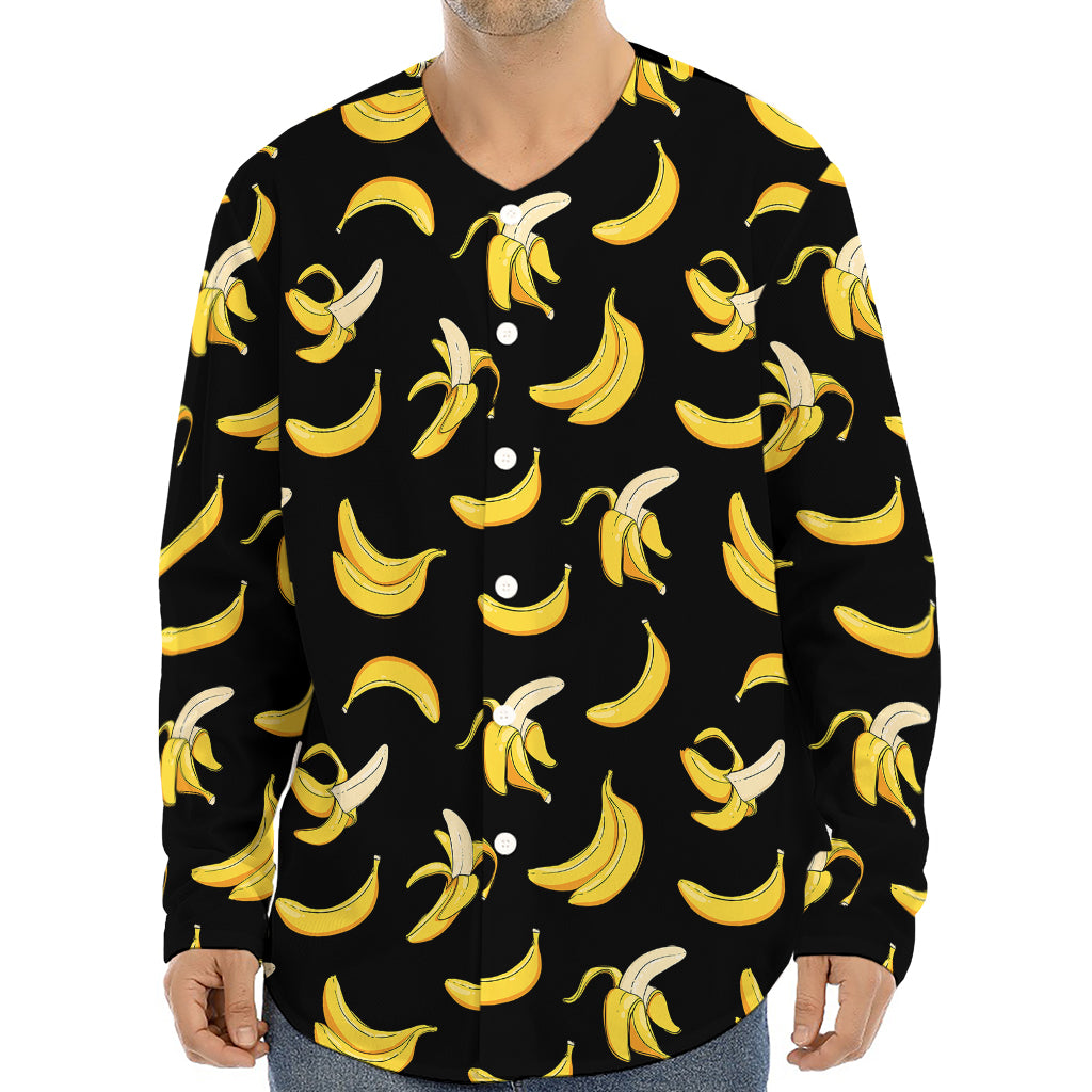Black Cartoon Banana Pattern Print Long Sleeve Baseball Jersey