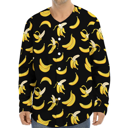 Black Cartoon Banana Pattern Print Long Sleeve Baseball Jersey