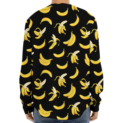 Black Cartoon Banana Pattern Print Long Sleeve Baseball Jersey