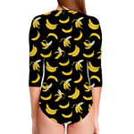 Black Cartoon Banana Pattern Print Long Sleeve Swimsuit