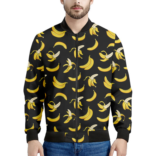 Black Cartoon Banana Pattern Print Men's Bomber Jacket