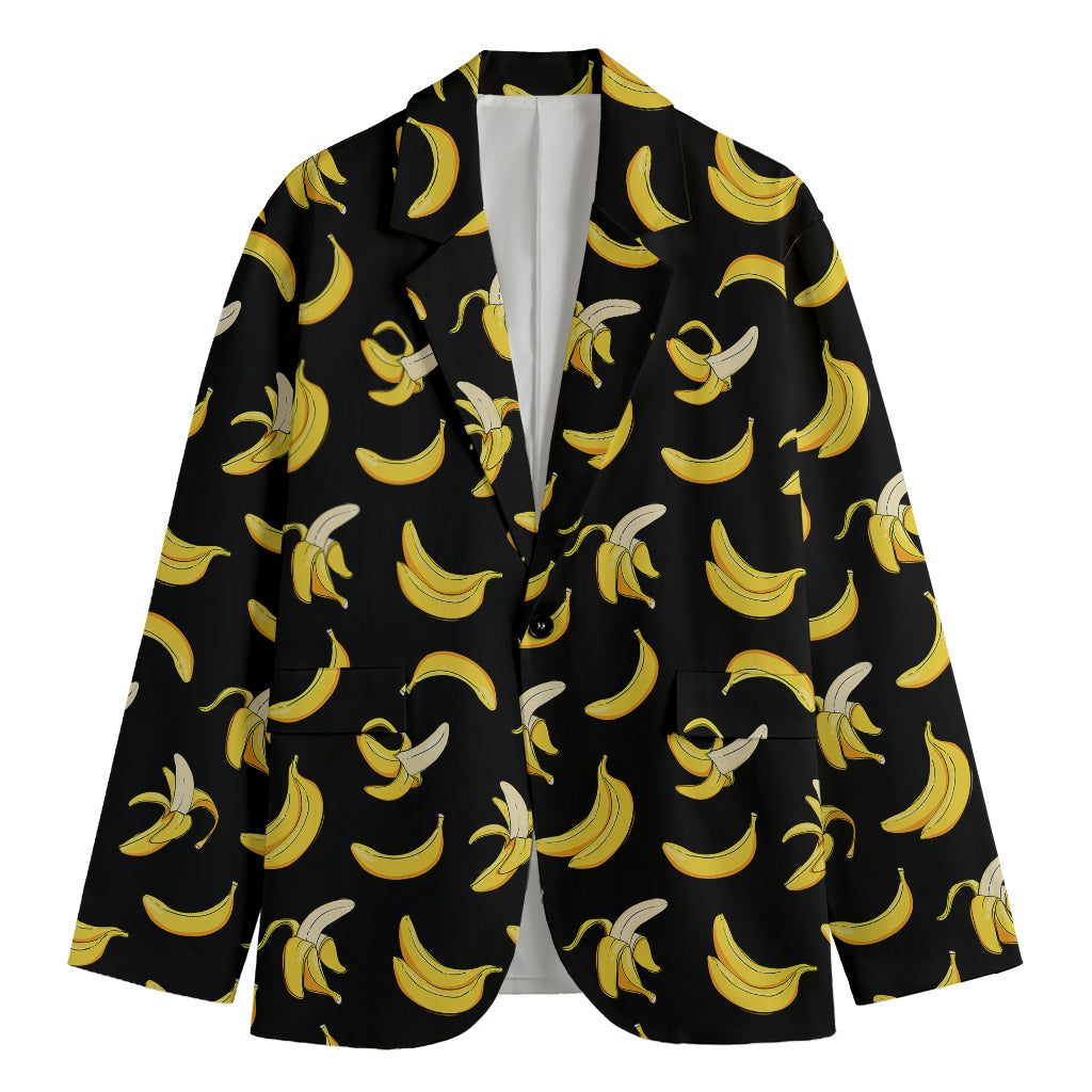 Black Cartoon Banana Pattern Print Men's Cotton Blazer