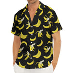 Black Cartoon Banana Pattern Print Men's Deep V-Neck Shirt