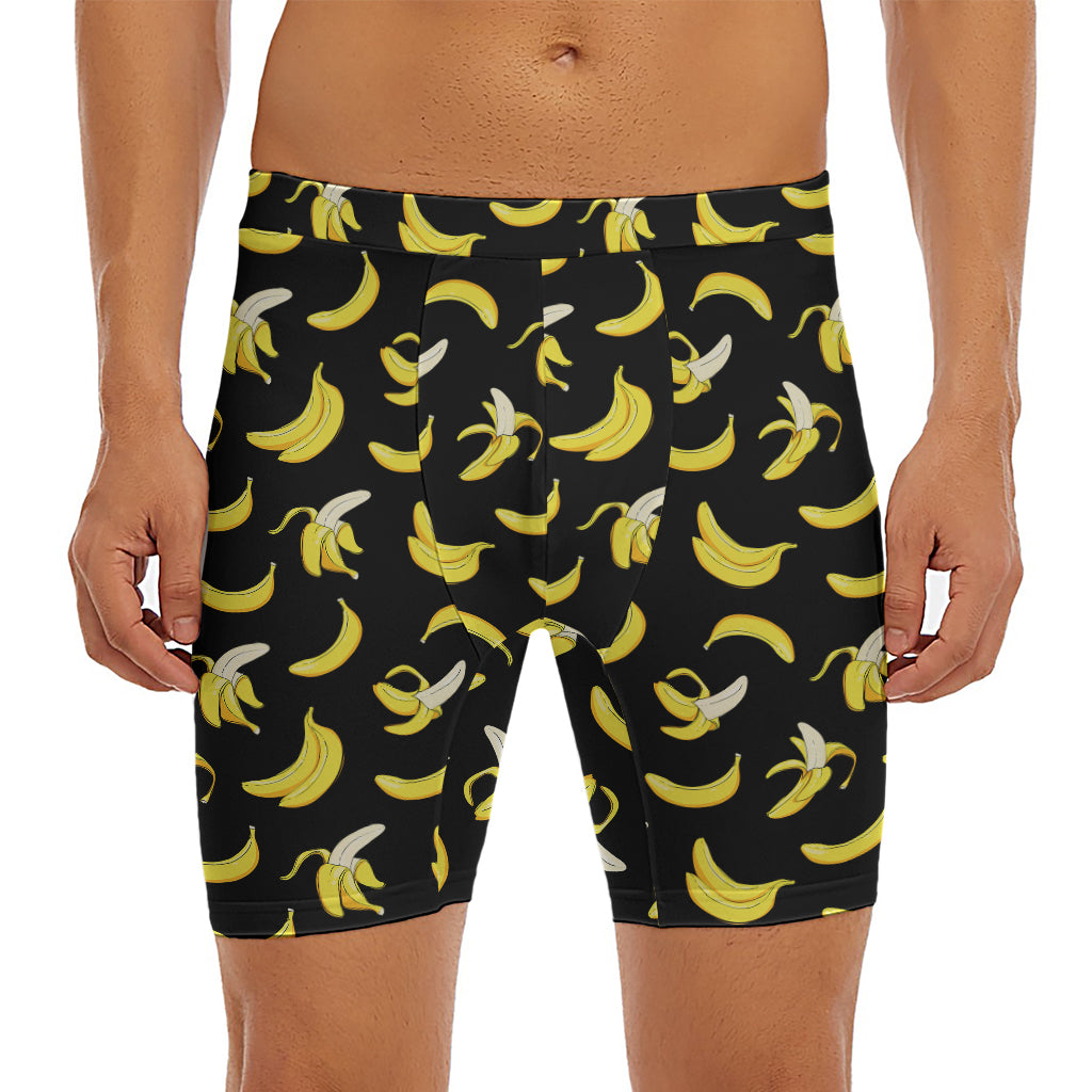 Black Cartoon Banana Pattern Print Men's Long Boxer Briefs