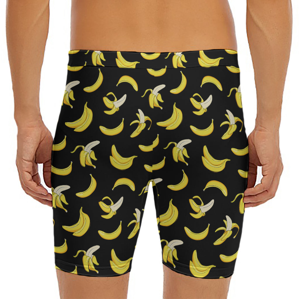 Black Cartoon Banana Pattern Print Men's Long Boxer Briefs