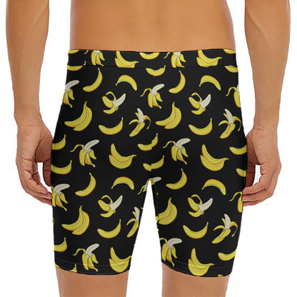 Black Cartoon Banana Pattern Print Men's Long Boxer Briefs