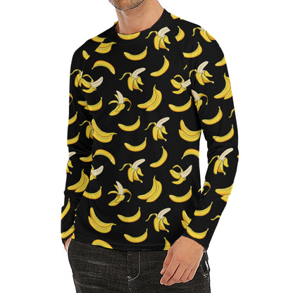 Black Cartoon Banana Pattern Print Men's Long Sleeve Rash Guard