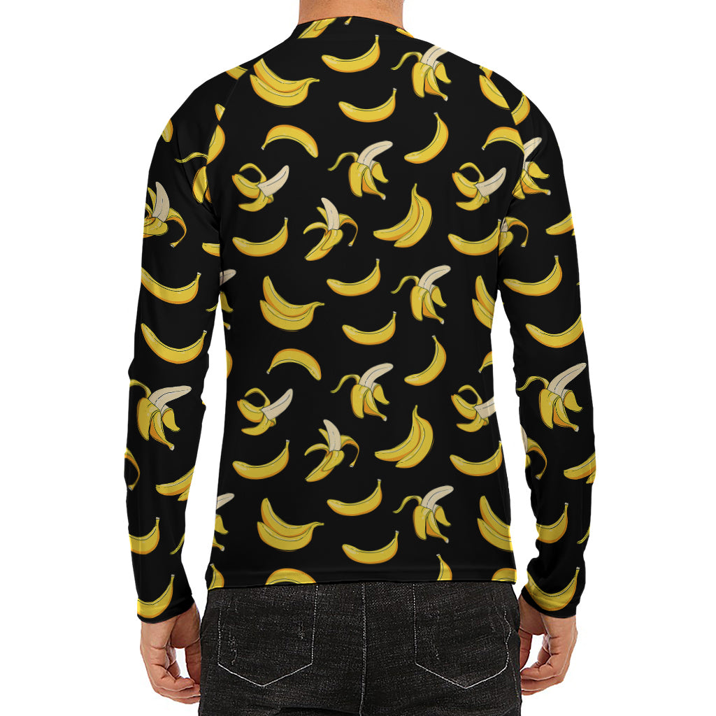 Black Cartoon Banana Pattern Print Men's Long Sleeve Rash Guard