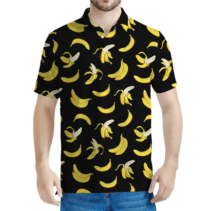 Black Cartoon Banana Pattern Print Men's Polo Shirt