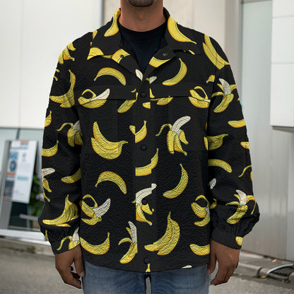 Black Cartoon Banana Pattern Print Men's Shirt Jacket