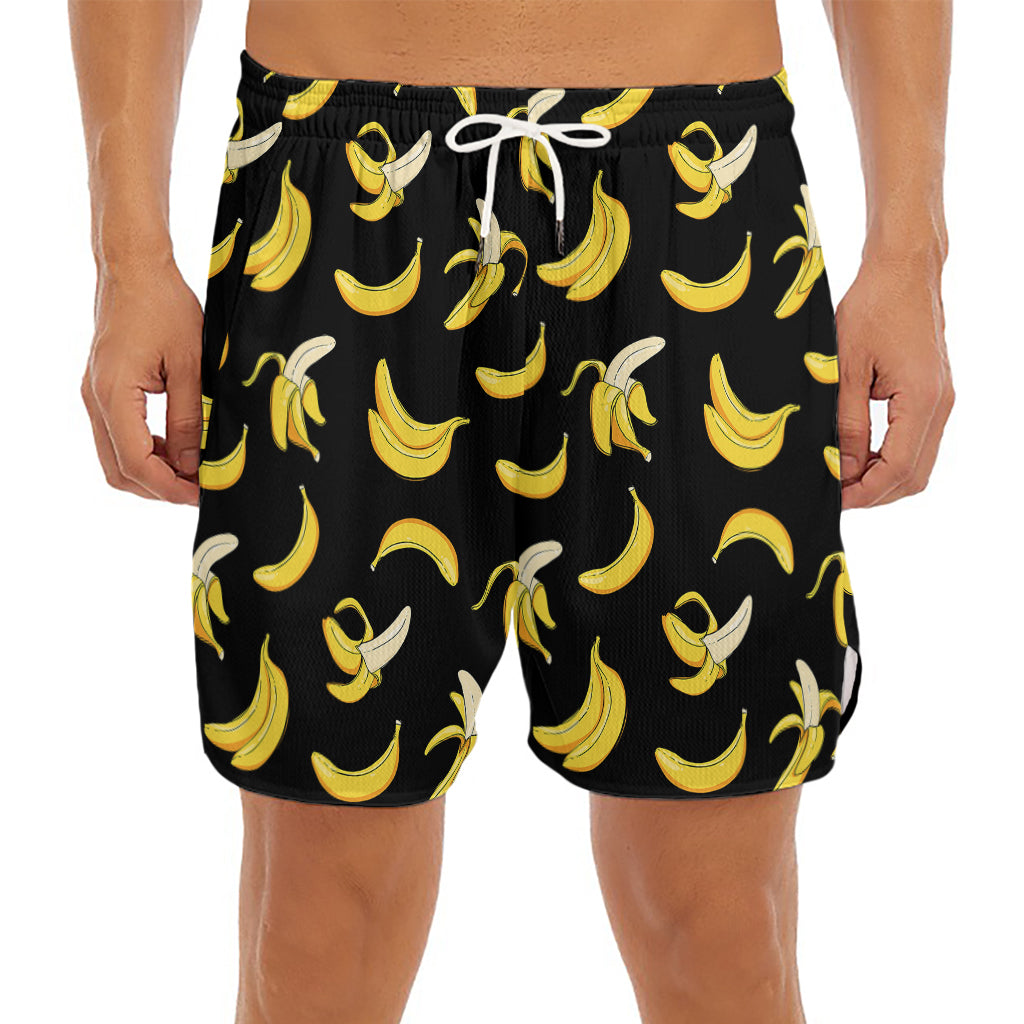 Black Cartoon Banana Pattern Print Men's Split Running Shorts