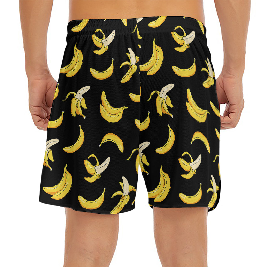 Black Cartoon Banana Pattern Print Men's Split Running Shorts