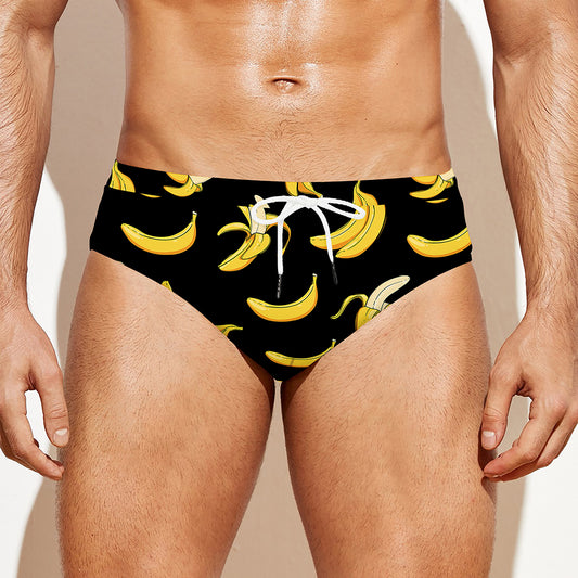 Black Cartoon Banana Pattern Print Men's Swim Briefs