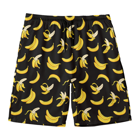 Black Cartoon Banana Pattern Print Men's Swim Trunks