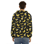 Black Cartoon Banana Pattern Print Men's Velvet Pullover Hoodie