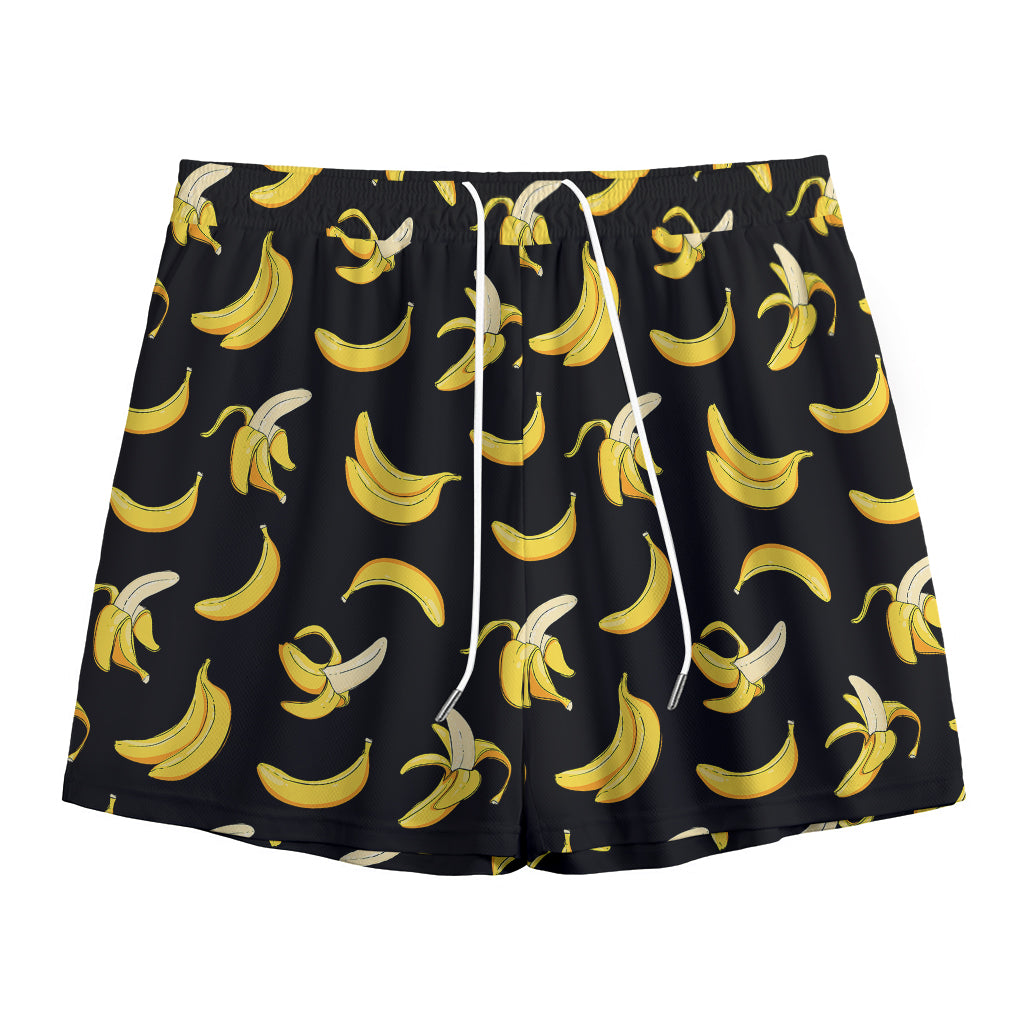 Black Cartoon Banana Pattern Print Mesh Shorts