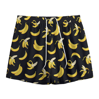 Black Cartoon Banana Pattern Print Mesh Shorts