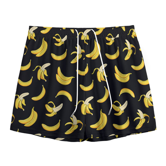 Black Cartoon Banana Pattern Print Mesh Shorts