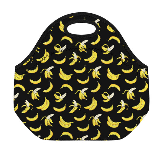 Black Cartoon Banana Pattern Print Neoprene Lunch Bag