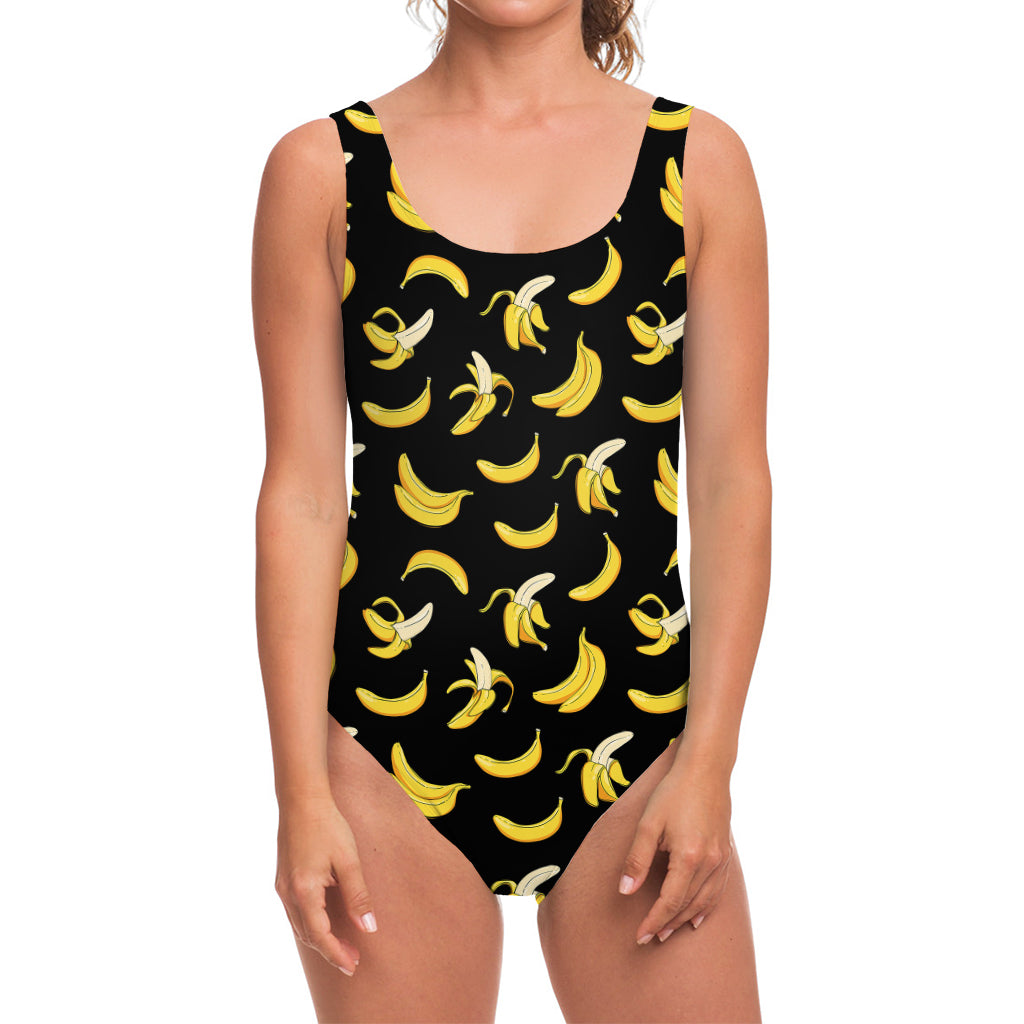 Black Cartoon Banana Pattern Print One Piece Swimsuit