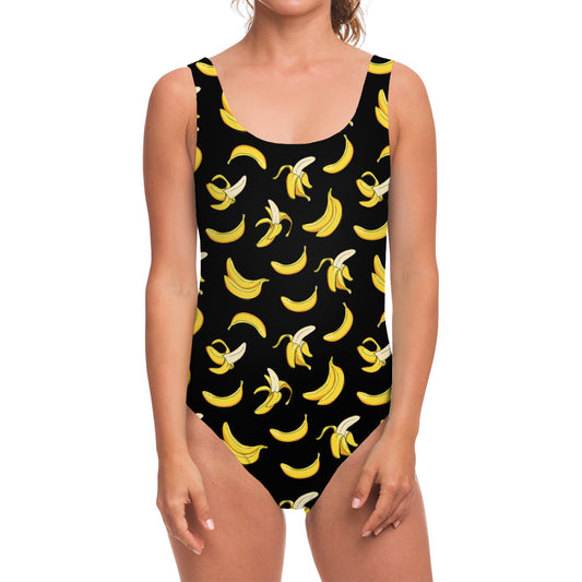 Black Cartoon Banana Pattern Print One Piece Swimsuit