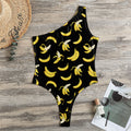 Black Cartoon Banana Pattern Print One Shoulder Bodysuit