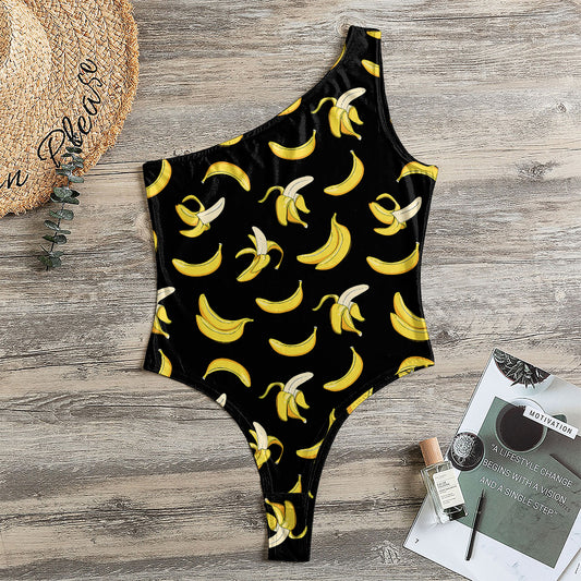 Black Cartoon Banana Pattern Print One Shoulder Bodysuit