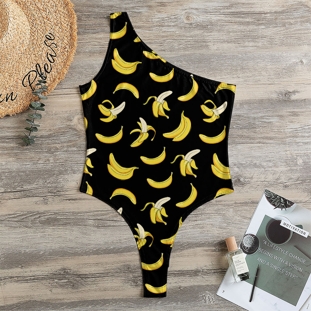 Black Cartoon Banana Pattern Print One Shoulder Bodysuit